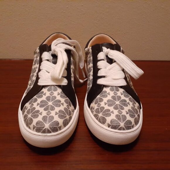 Kate Spade Erin Spade Flower Printed Leather Sneaker in White/Black - Picture 6 of 7